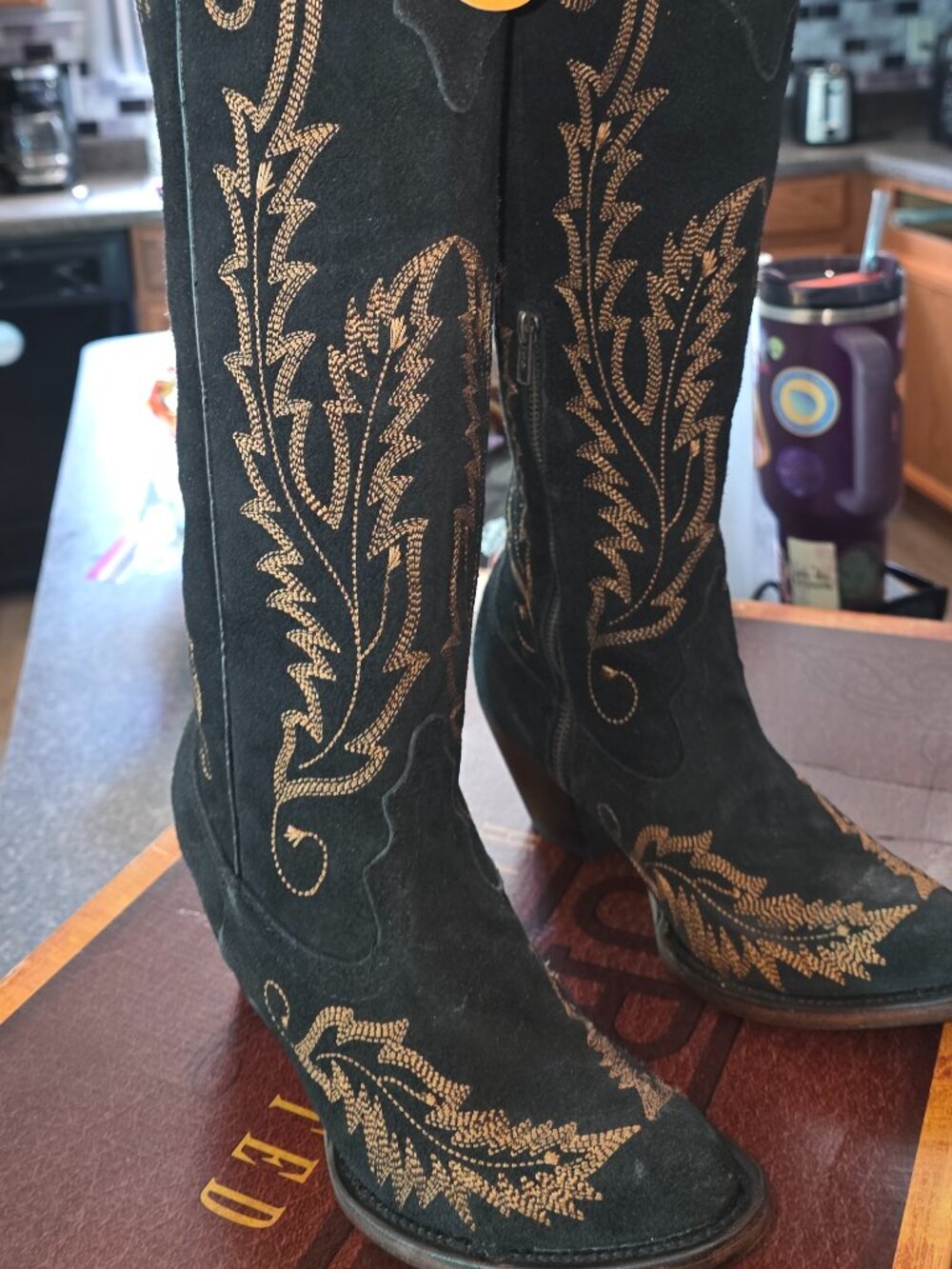 Corral Boots- Knee High Embroidered Black Suede Women's 7